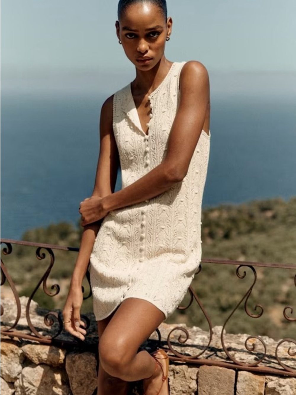 Sezane Willa Mini Dress Sleeveless Knit Crochet Fitted Cotton Cream Size Medium